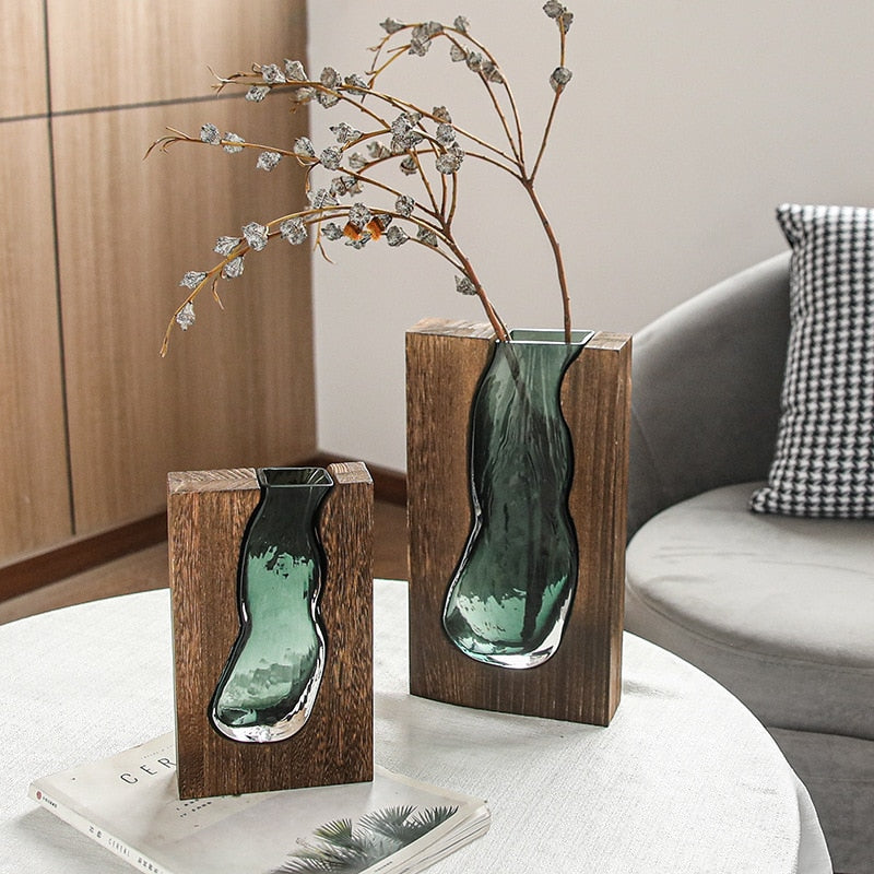 Nordic Log - Solid Wood Transparent Glass Vase