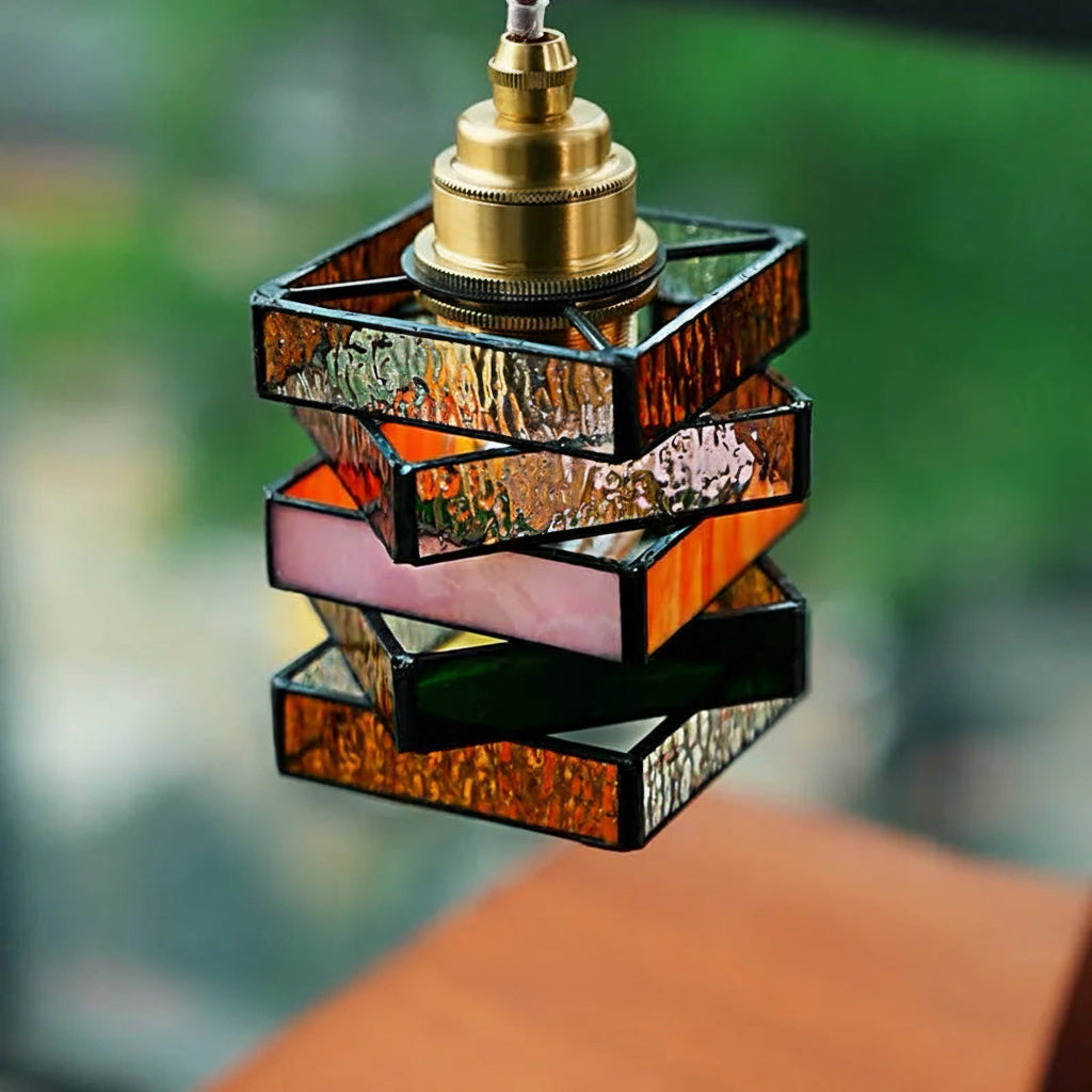 French Stained Glass & Walnut Bedside Table Lamp
