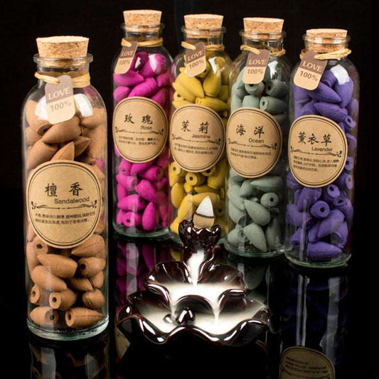 70Pcs Glass Bottle Package Flavor Hollow Backflow Incense Cones