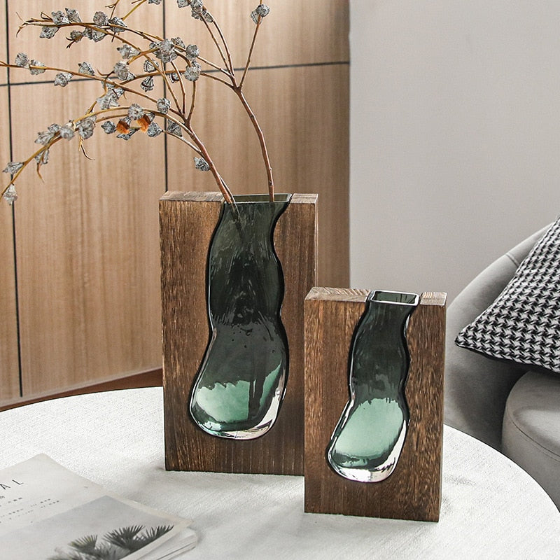 Nordic Log - Solid Wood Transparent Glass Vase