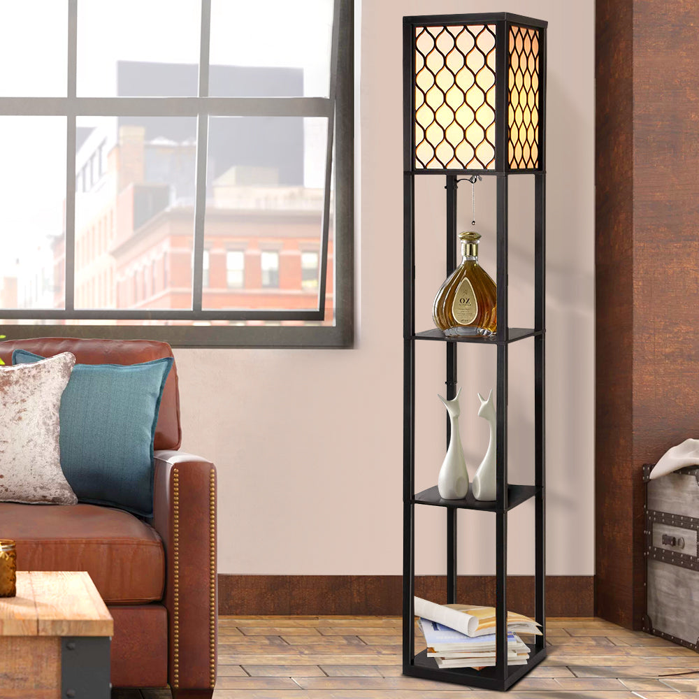 AI-Artiss Floor Lamp 3 Tier Shelf Storage LED Light Stand Home Room Pattern Brown