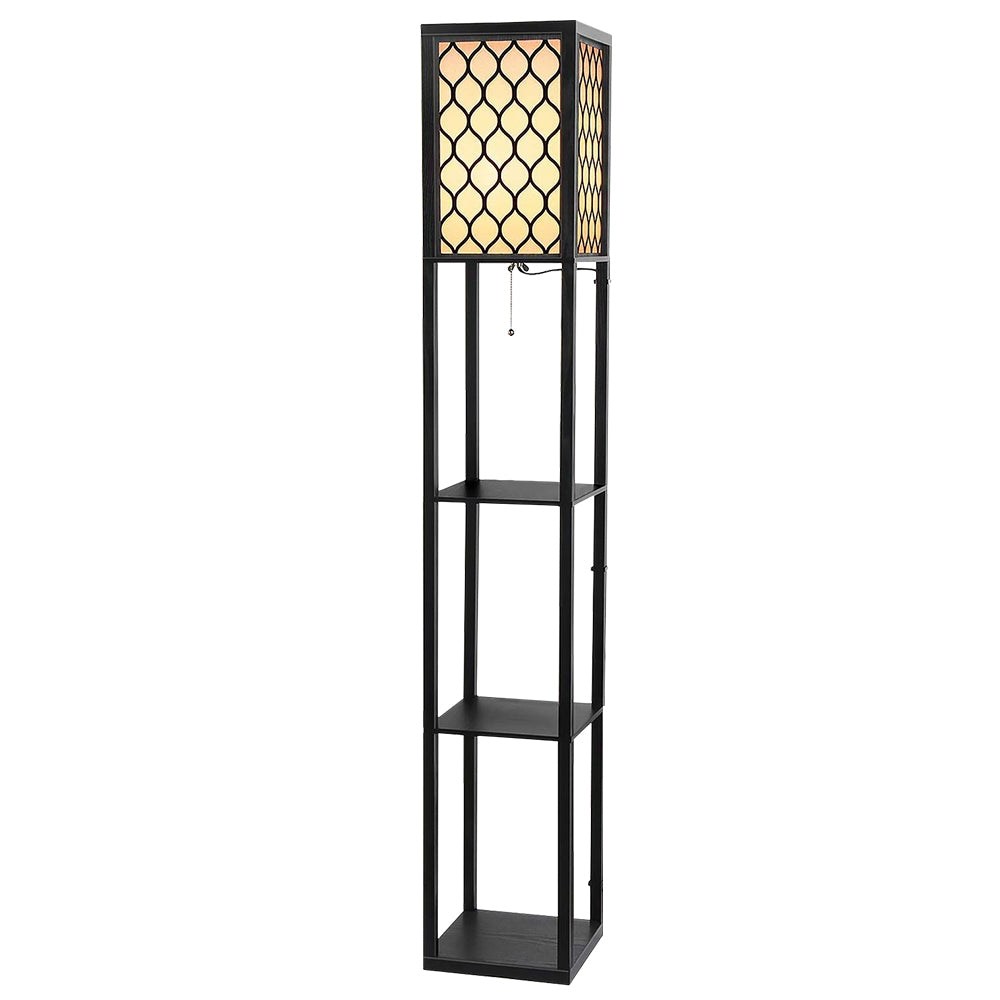 AI-Artiss Floor Lamp 3 Tier Shelf Storage LED Light Stand Home Room Pattern Brown