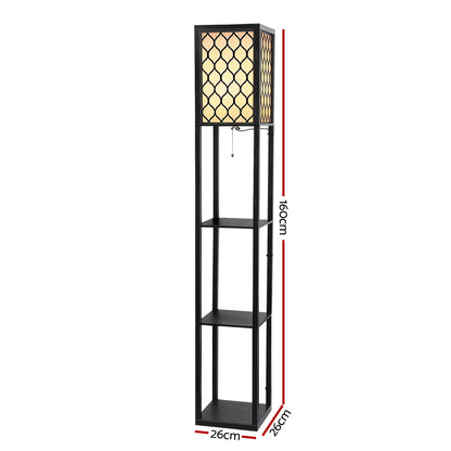 AI-Artiss Floor Lamp 3 Tier Shelf Storage LED Light Stand Home Room Pattern Brown