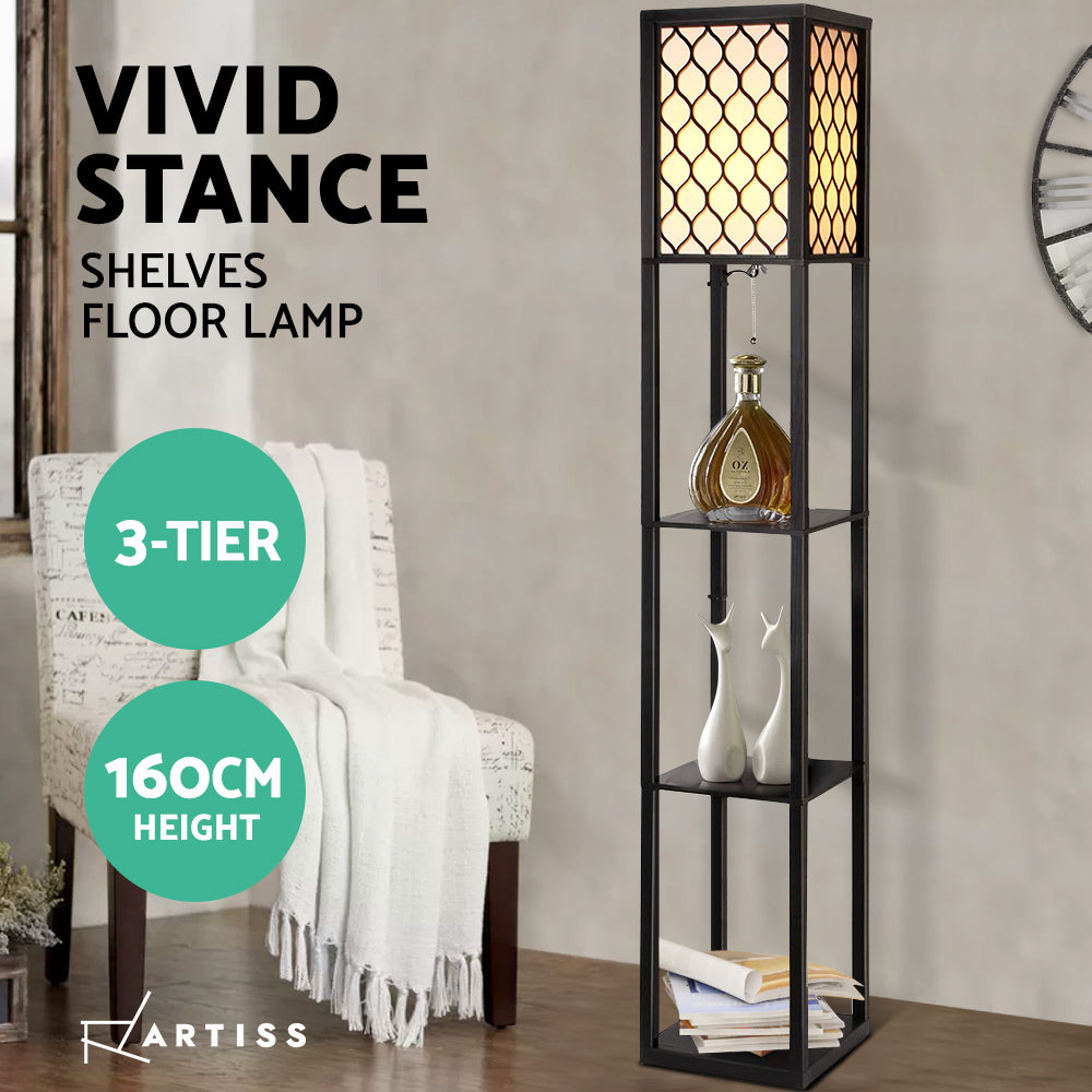 AI-Artiss Floor Lamp 3 Tier Shelf Storage LED Light Stand Home Room Pattern Brown