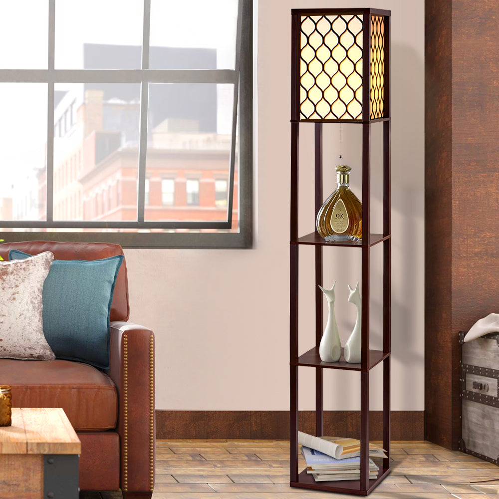 AI-Artiss Floor Lamp 3 Tier Shelf Storage LED Light Stand Home Room Pattern Brown