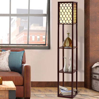 AI-Artiss Floor Lamp 3 Tier Shelf Storage LED Light Stand Home Room Pattern Brown