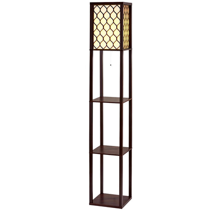 AI-Artiss Floor Lamp 3 Tier Shelf Storage LED Light Stand Home Room Pattern Brown