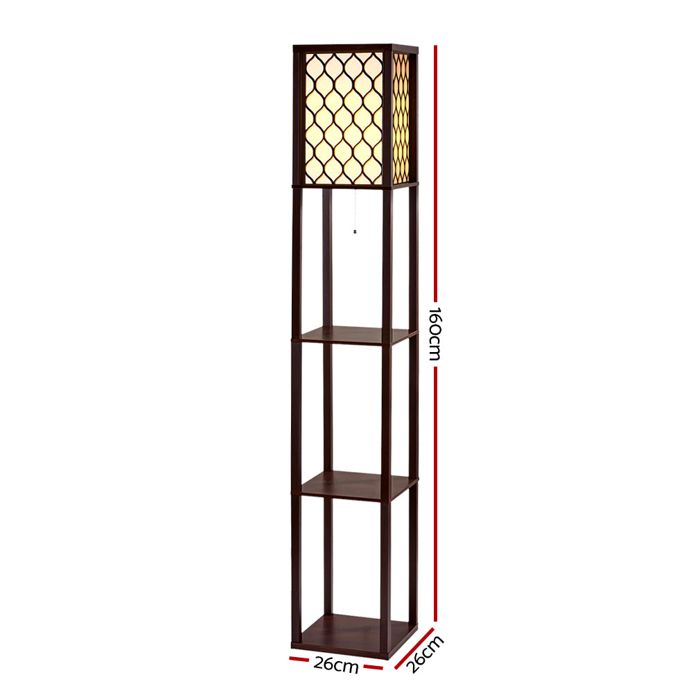 AI-Artiss Floor Lamp 3 Tier Shelf Storage LED Light Stand Home Room Pattern Brown