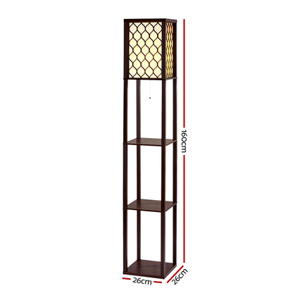 AI-Artiss Floor Lamp 3 Tier Shelf Storage LED Light Stand Home Room Pattern Brown