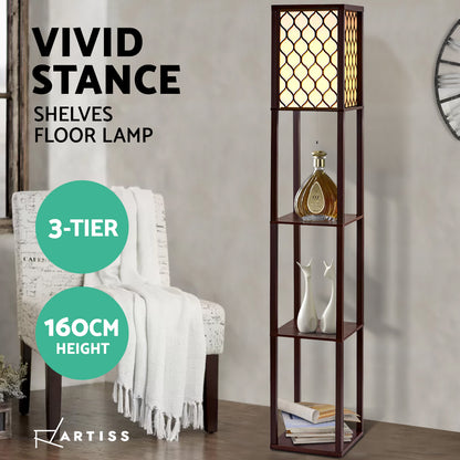 AI-Artiss Floor Lamp 3 Tier Shelf Storage LED Light Stand Home Room Pattern Brown