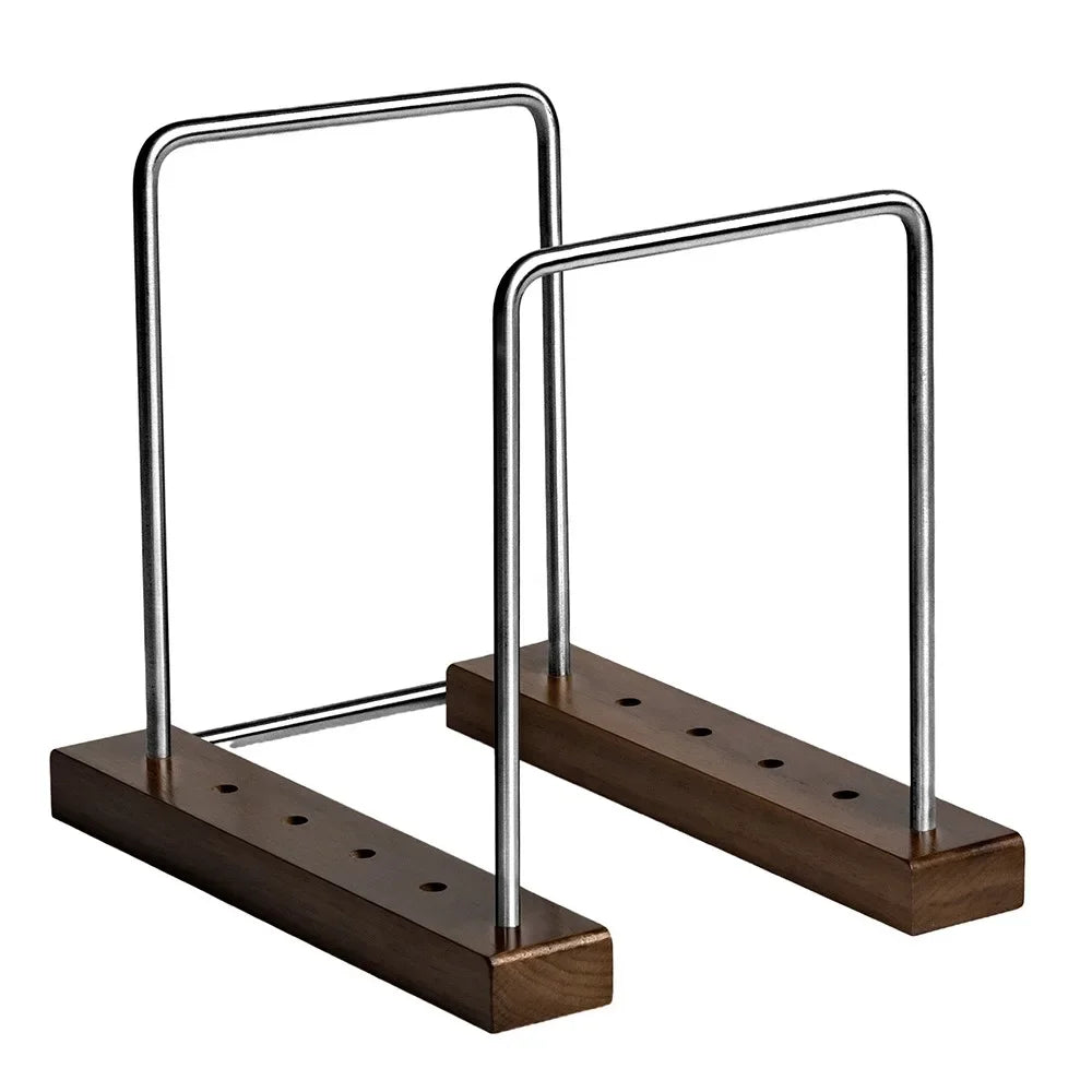 Wooden Vinyl display with metal bracket dividers on a white background