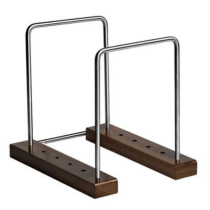 Wooden Vinyl display with metal bracket dividers on a white background
