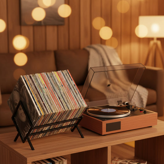 Stack of vinyl records on a black stand with a marble-patterned side panel.