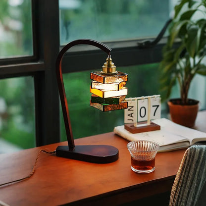 French Stained Glass & Walnut Bedside Table Lamp
