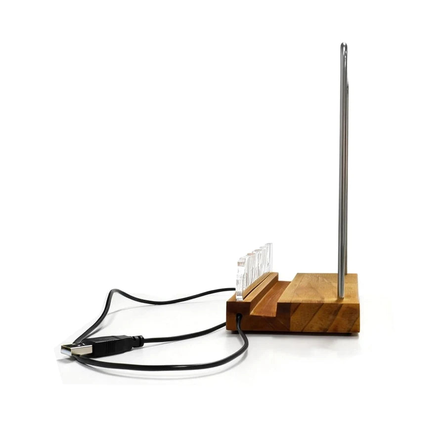 Wooden vinyl record stand with metal frame and 'Now Playing' text, showing dimensions, and a USB cable on a white background.