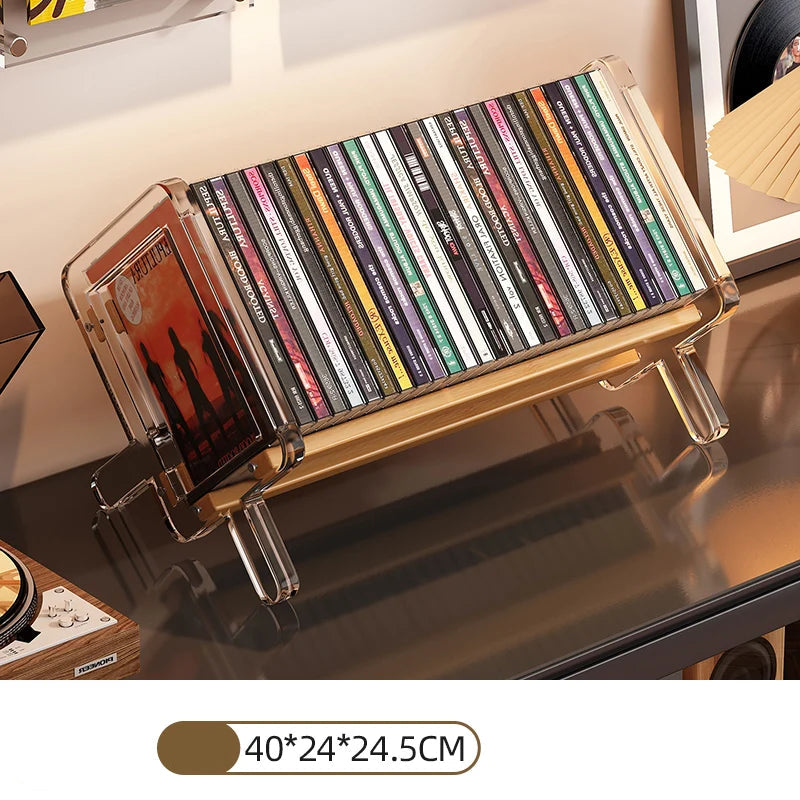 CD holder with transparent cover holding CDs on a desk
