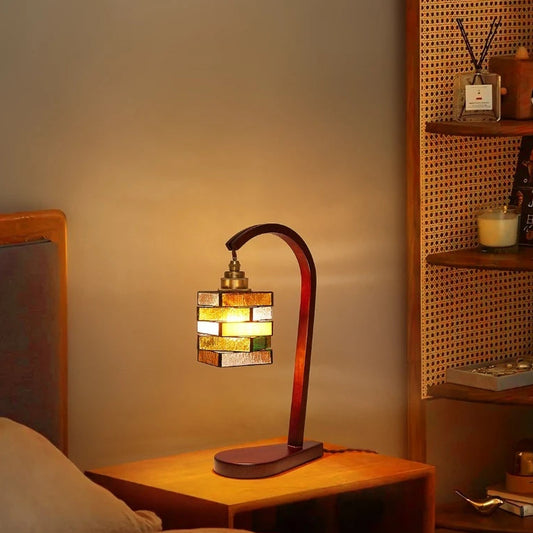French Stained Glass & Walnut Bedside Table Lamp