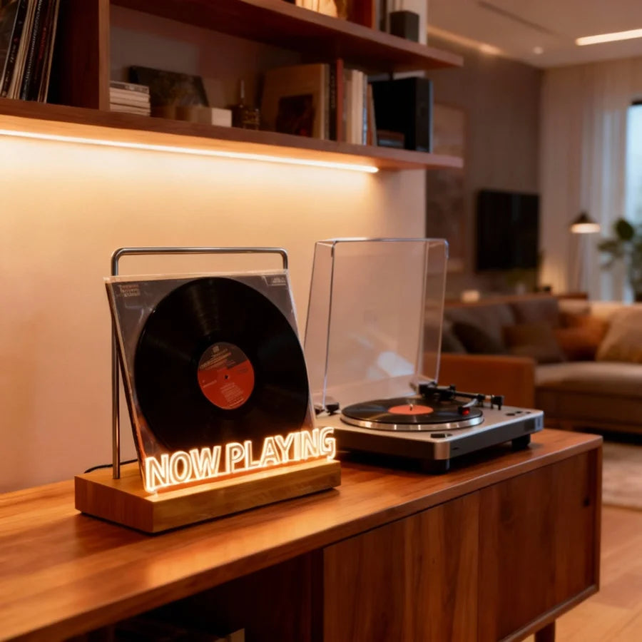 Vinyl record on a 'Now Playing' stand with a turntable in the background
