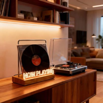 Vinyl record on a 'Now Playing' stand with a turntable in the background