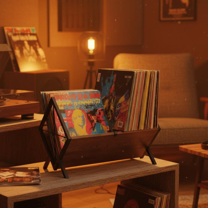 Wooden vinyl record storage rack with records on a white background