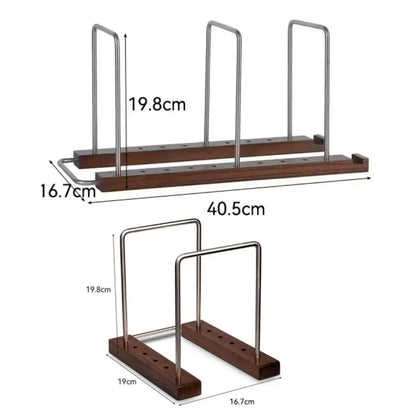 Wooden vinyl stand with metal bars and measurements on a white background