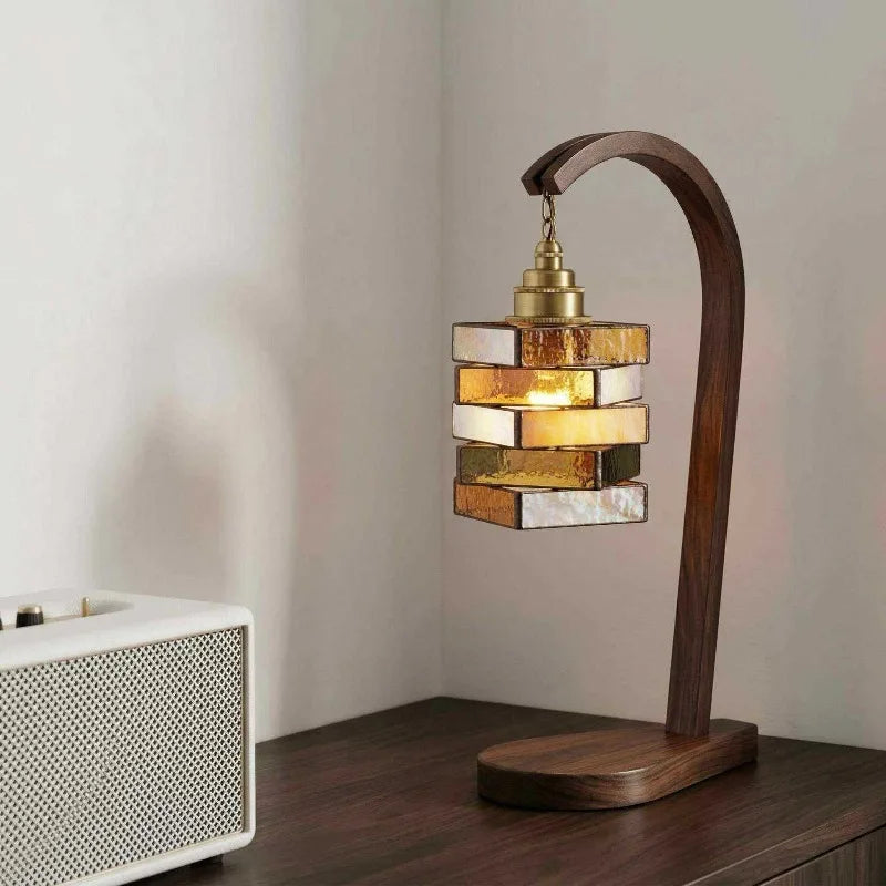 French Stained Glass & Walnut Bedside Table Lamp