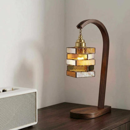 French Stained Glass & Walnut Bedside Table Lamp