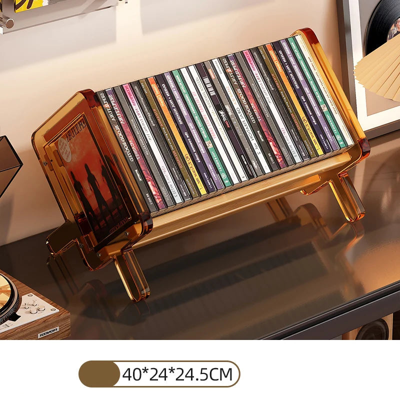 CD holder with CDs on a reflective surface