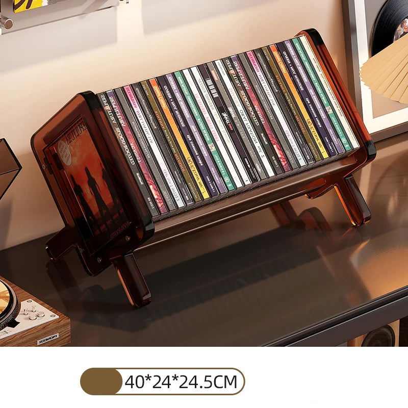 CD holder with a collection of CDs on a shelf.