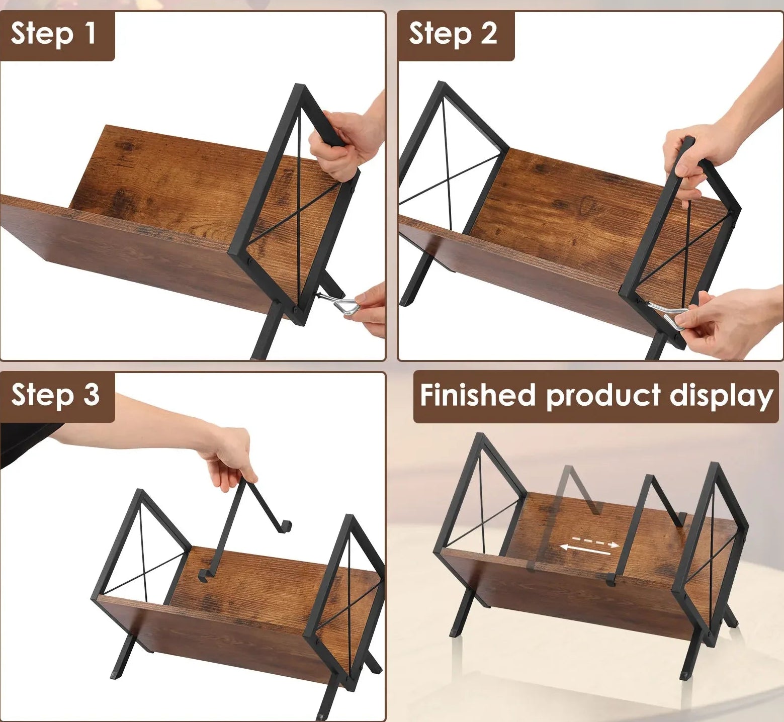 Step-by-step installation guide for a wooden display stand with metal frame.