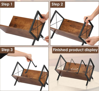 Step-by-step installation guide for a wooden display stand with metal frame.