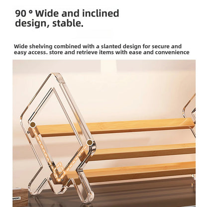 Wooden shelf with clear acrylic brackets on a neutral background