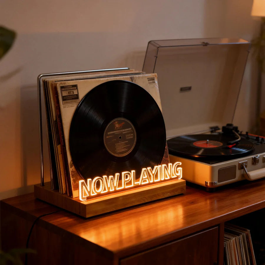 Vinyl record on an illuminated 'Now Playing' stand with a turntable in the background