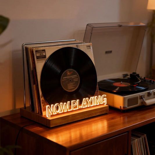 Vinyl record on an illuminated 'Now Playing' stand with a turntable in the background