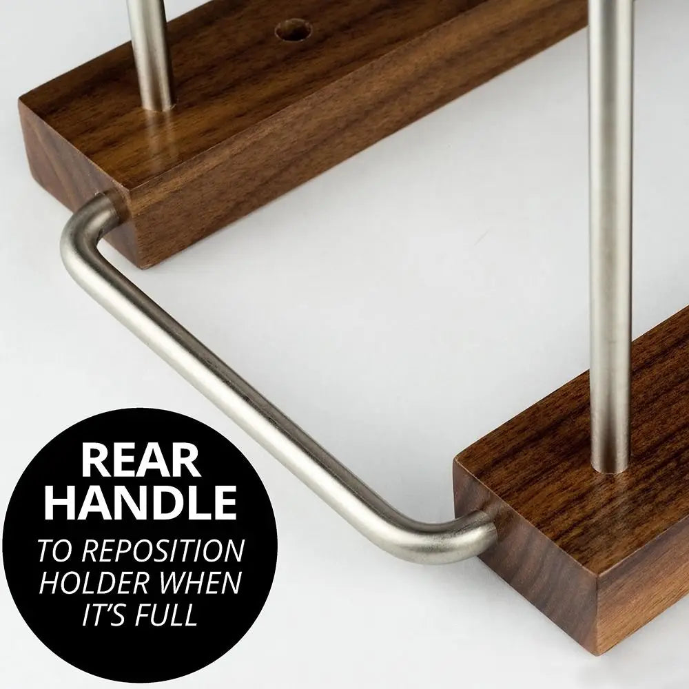 Wooden vinyl stand with metal handle on a white background