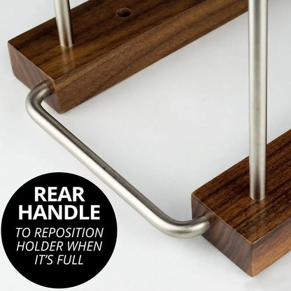 Wooden vinyl stand with metal handle on a white background