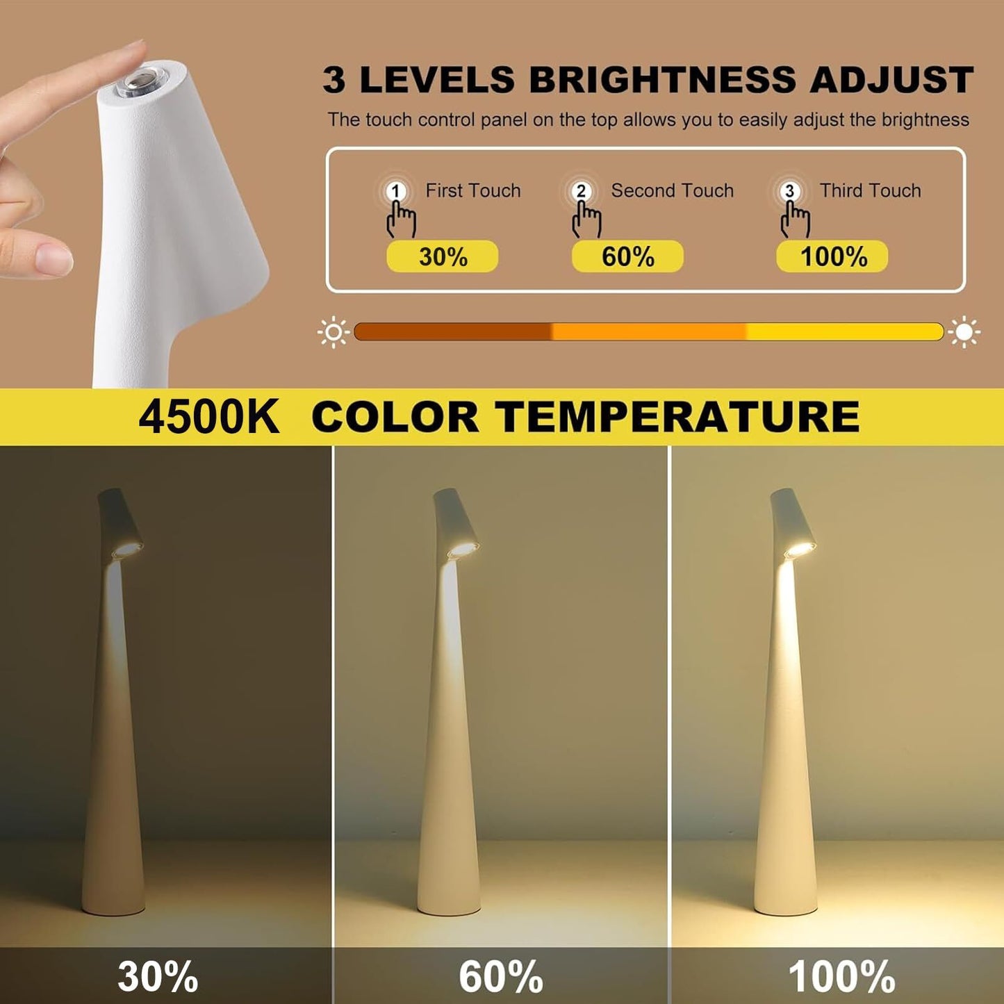Portable LED Table Lamp 13.5" H – Touch Control, 3 Brightness Levels