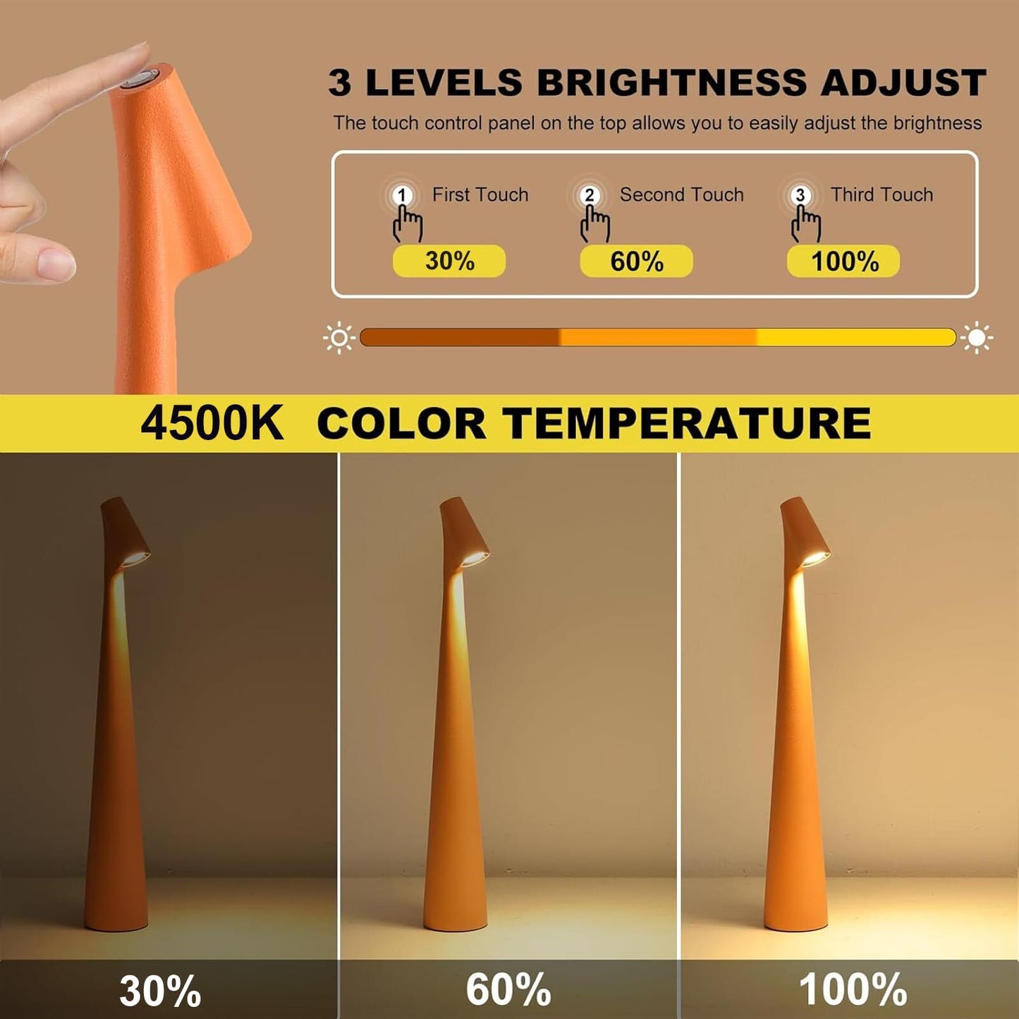 Portable LED Table Lamp 13.5" H – Touch Control, 3 Brightness Levels
