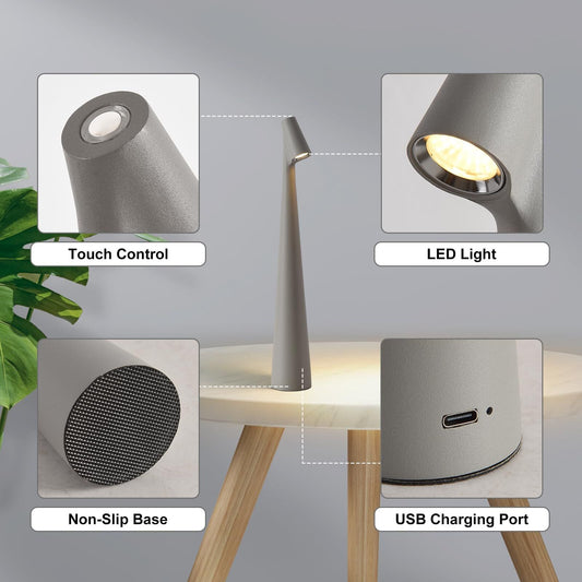 Portable LED Table Lamp 13.5" H – Touch Control, 3 Brightness Levels, Rechargeable Desk Light for Bedroom, Outdoor, Gift (Grey)  | Other Colors Available in Store