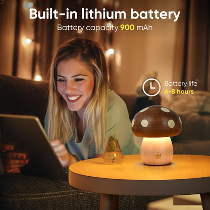 Touch Control Mushroom Night Light – Rechargeable Wooden Desk Lamp with 4 Brightness Levels, Soft Warm Glow for Baby Nursery, Bedroom, or Travel (Wooden Color)