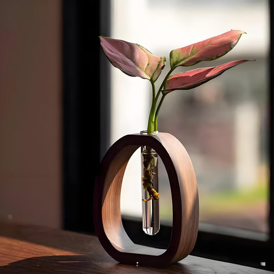 Wooden Glass Hydroponic Vase – Minimalist Desktop Flower Vase