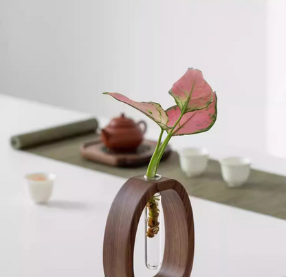 Wooden Glass Hydroponic Vase – Minimalist Desktop Flower Vase