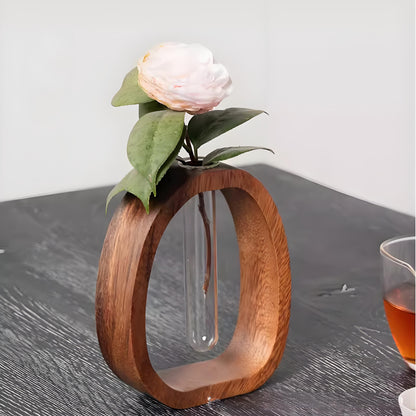 Wooden Glass Hydroponic Vase – Minimalist Desktop Flower Vase