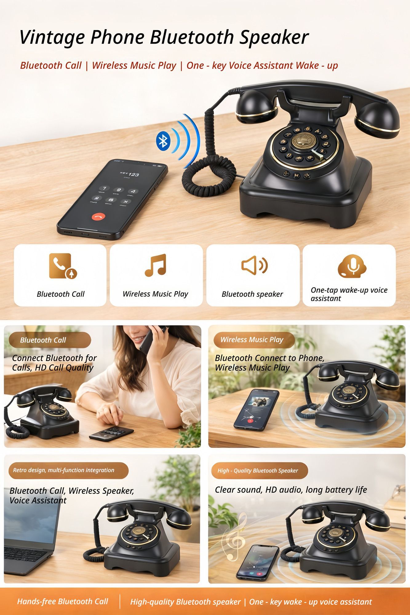Retro Wireless Bluetooth Landline Phone