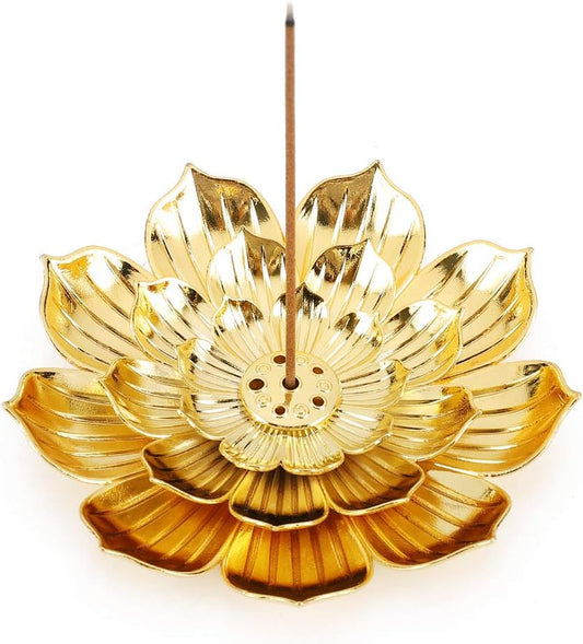 Zinc Alloy Incense Holder, Lotus Stick Incense Burner, Incense Holder for Stick/Coil/Cone Incense with Ash Catcher, Gold