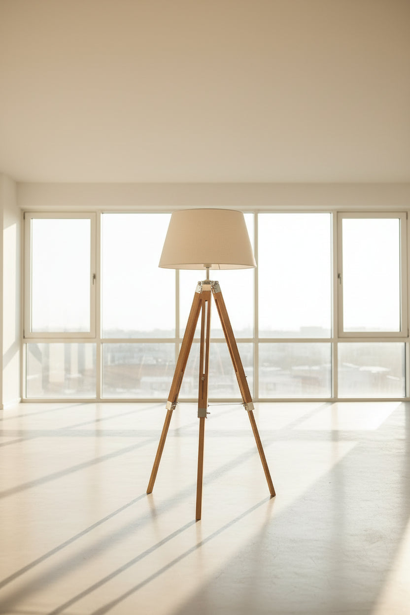 LARGE TRIPOD FLOOR LAMP Linen Shade Modern Light Bamboo Vintage Wooden Retro
