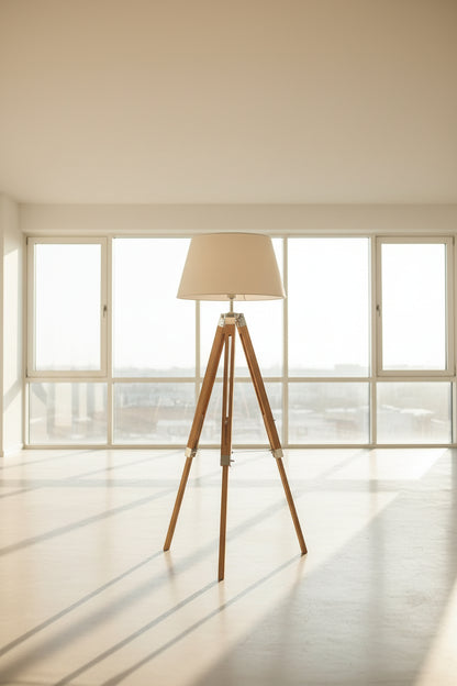 LARGE TRIPOD FLOOR LAMP Linen Shade Modern Light Bamboo Vintage Wooden Retro