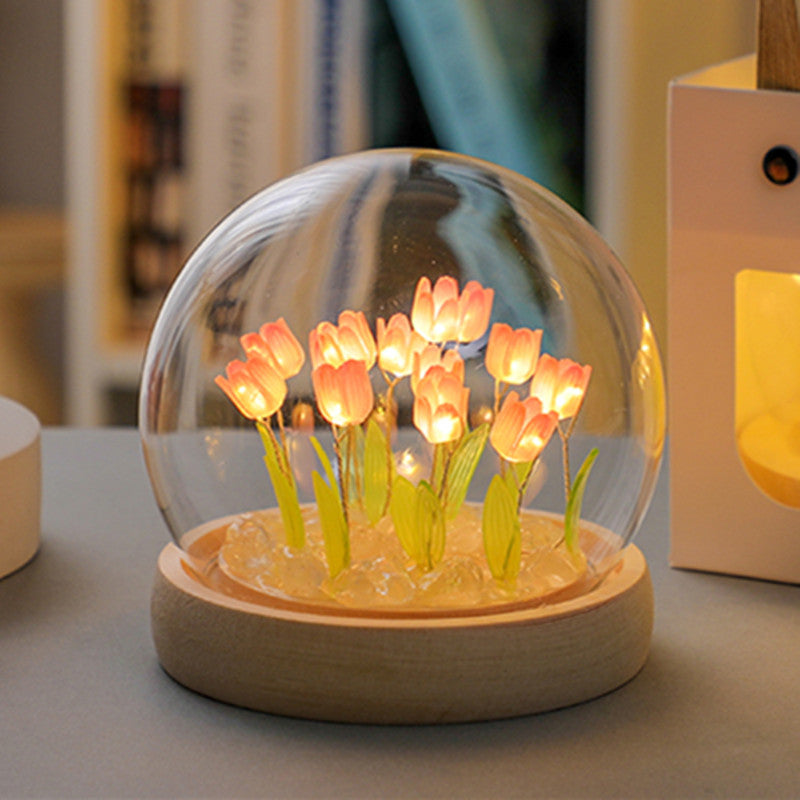 Glowing Tulip Dome Lamp - Wooden Base, Bedside Table Decoration