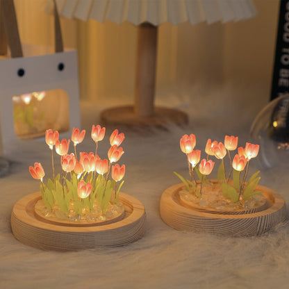 Glowing Tulip Dome Lamp - Wooden Base, Bedside Table Decoration