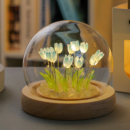 Glowing Tulip Dome Lamp - Wooden Base, Bedside Table Decoration